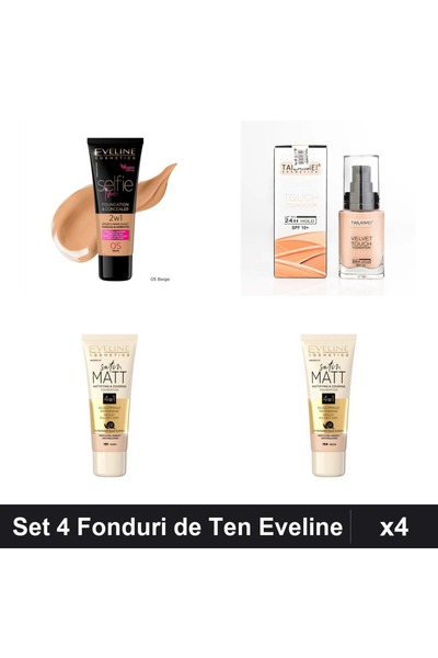 Eveline Set of 4 Foundations, Beige Ivory Shades, 30-34ml, Velvet Mattifying