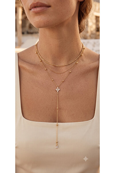 PABALAS 3-Piece Women's Steel Necklace Set Gold Color Tarnish-Resistant Zirco...
