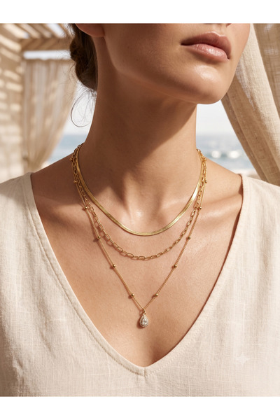 PABALAS 3-Piece Women's Steel Necklace Set Gold Color Tarnish-Resistant Zirco...