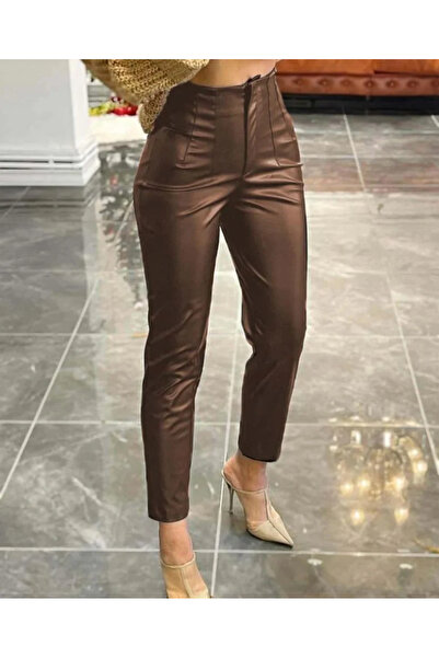 OEM Pantaloni dama piele artificiala, talie inalta - Maro