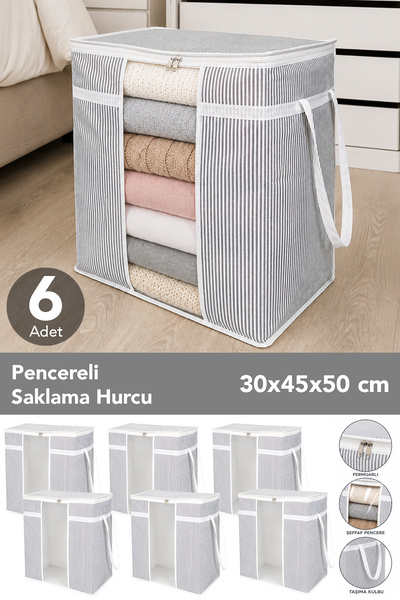 Meleni Home 6 Pieces Storage Bag with Windows - Striped Clothing Organizing P...