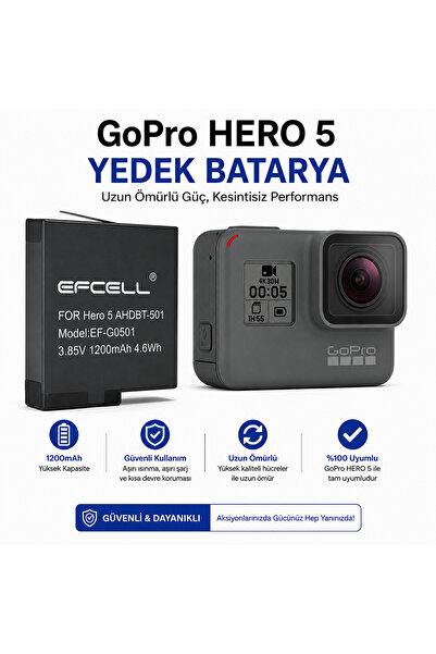 electroawm GoPro Hero 5 Kamera Pili 4.6Wh Uyumlu Yedek Batarya 3.85V 1200mAh ...