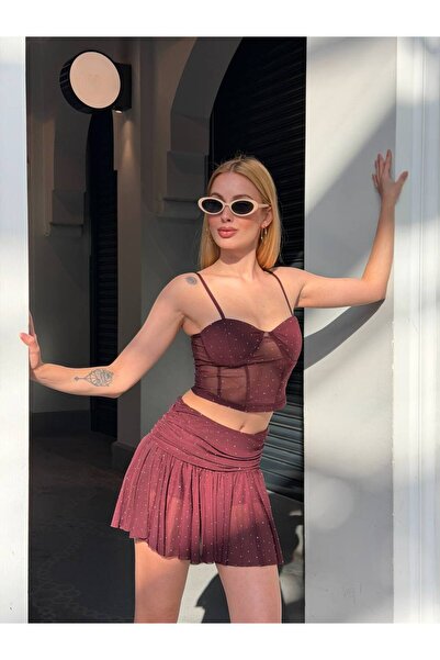 Paraf style Stone Detailed Tulle Crop Top & Mini Skirt Set