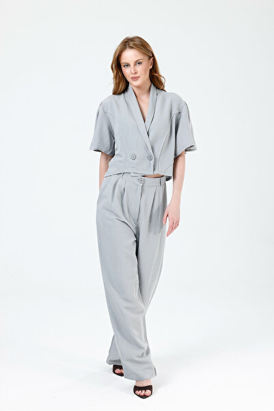 ONE WEAR Women's Gray Linen Summer Top and Bottom Set