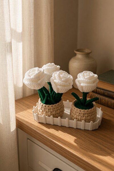 MYCRAFT3D Örgü Dokulu Gül Saksı ve Çit Standlı Set – Çiçekli Dekoratif Biblo,...