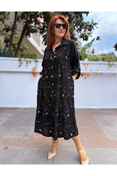 DenizEge Italian Embossed Embroidered Long Dress Black