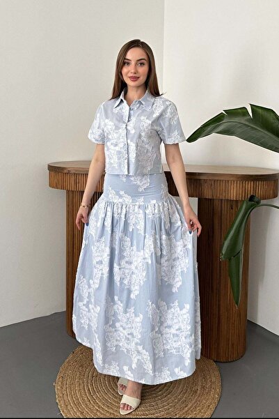 Elbee Fashion Woman طقم قميص أزرق وتنورة كورسيه