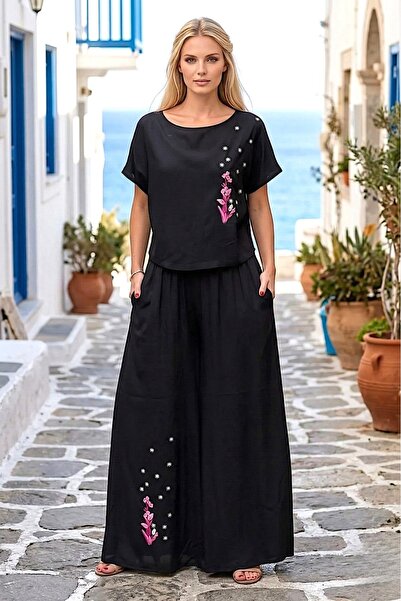 Tubik Set de bluză și pantaloni pentru femei, cu broderie florală și buzunare