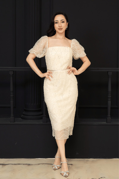 BEYBOS Square Neck Beaded Pencil Dress - Gold