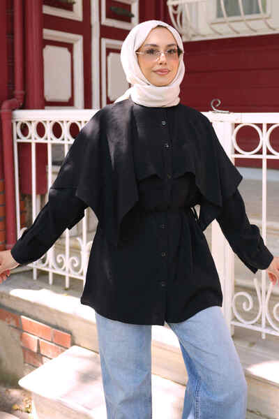İmajButik Black Cape Collar Shirt with Tie