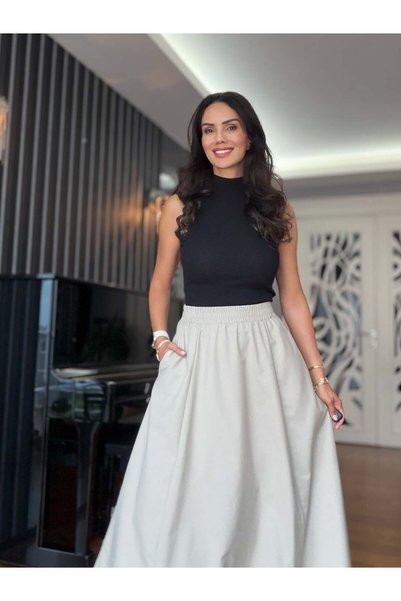 Atelier Derin Stone Colored Long Skirt with Elastic Waist