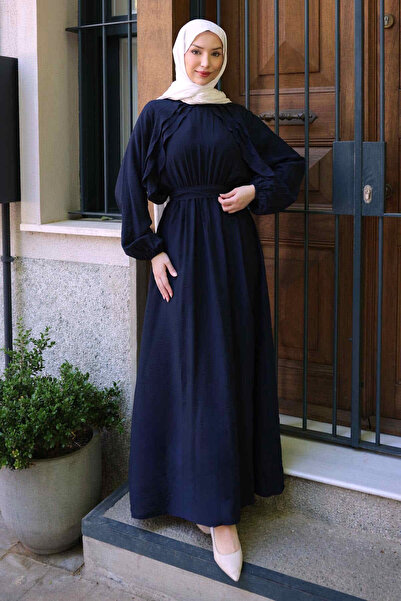 İmajButik Navy Blue Dress with Ruffles on the Sides and Elastic Waist