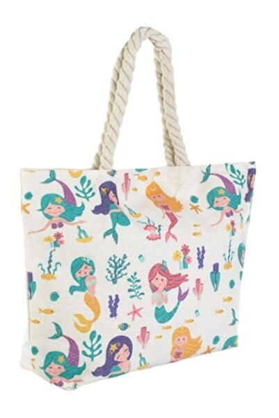 ivokid Ecru Cotton Bag with Colorful Mermaids & Rope Handles for Girls 34x9x26cm