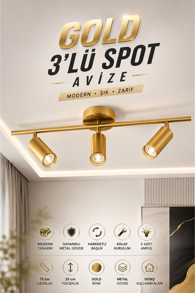 Elvora Home Eskitme (PREMİUM) LED Gold 3’lü Spot Avize Metal Gövde Salon Mutf...