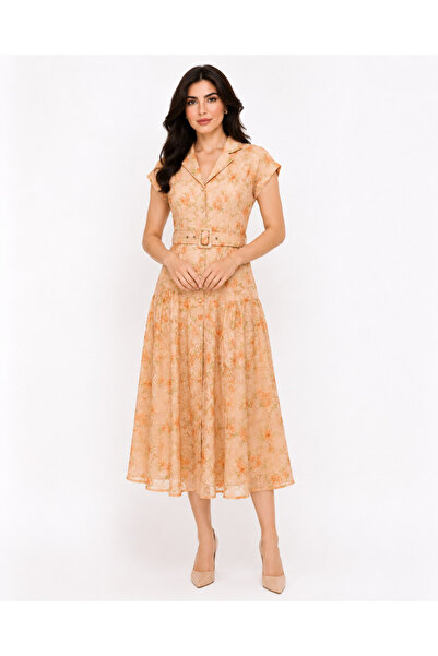 Livia Elegant Peach Floral Lace Midi Dress with Belt