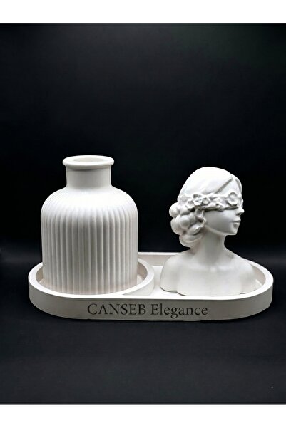 CANSEB Elegance BETON Üçlü Dekoratif Obje Set - Dekoratif Oval Tepsi, Pampas ...