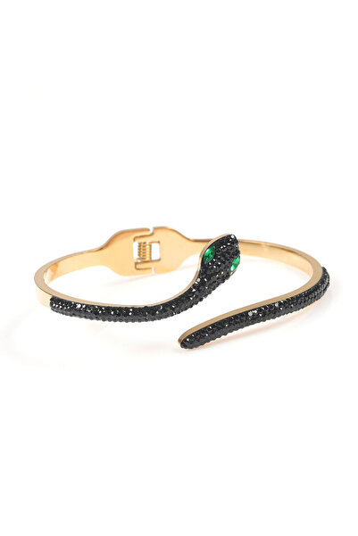 meli melo Golden steel bracelet with snake design and black stones