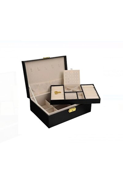 OEM Black Velvet Organizer Box with 2 Levels & Lock for Jewelry 23x17x9cm
