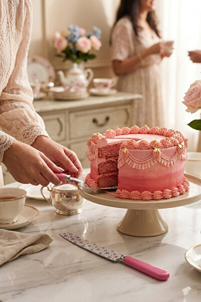Rooc Floral Patterned Pink 2-Piece Cake Serving Set