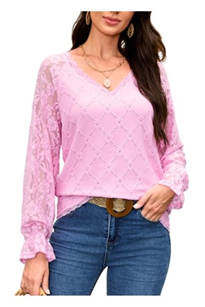 OEM EVELIFE - Lace blouse with V-neck and long flared sleeves with Printed – ...