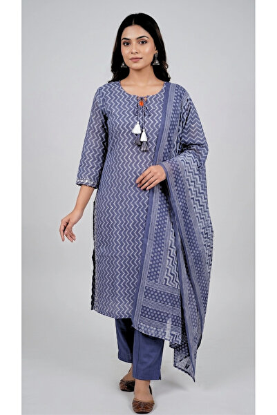 THUGFIT Women's Pure Cotton Zig-Zag Print Straight Kurta Set with Trousers an...
