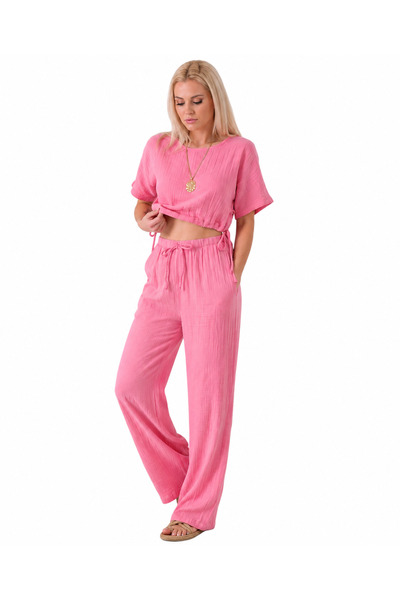 Fashion Showcase Müslin %100 Doğal Pamuk Beli Lastikli Bol Paça Pantolon Pembe