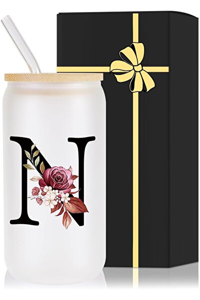 NASAQ Monogrammed Glass Drinking Cup With Lid Straw Women Wife Anniversary He...