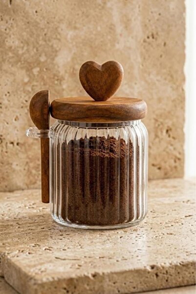 Atbyhome Acacia Wood Heart Lid Glass Jar with Spoon 460 ml - Slotted Spice Co...