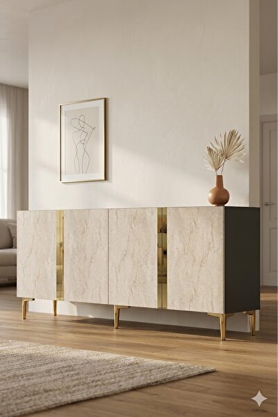 CENEYRA KA1898ATG ANKA Konsol ve Tv Sehpası Antrasit-Traverten-Gold 180cm
