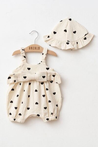 Minigimin Cicileri My Little One's Baby Girl Jumpsuit with Heart Patterned Ha...