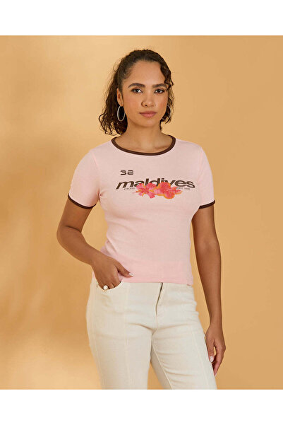 REDTAG Women Pink Maldives Print T-Shirt
