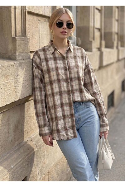 Madmext Khaki Basic Square Patterned Women's Shirt Mg2828