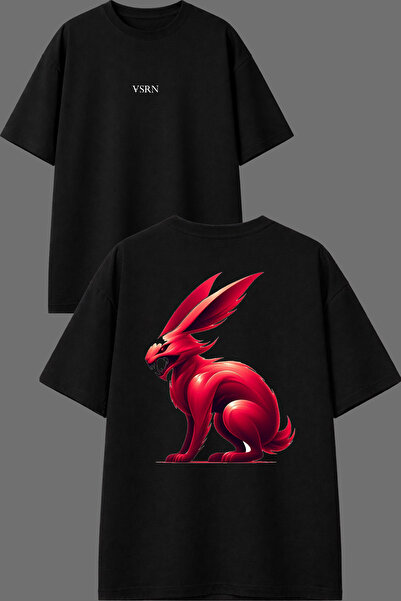 VSRN تي شيرت أسود كبير الحجم بتصميم Wild Rabbit مطبوع من الأمام والخلف