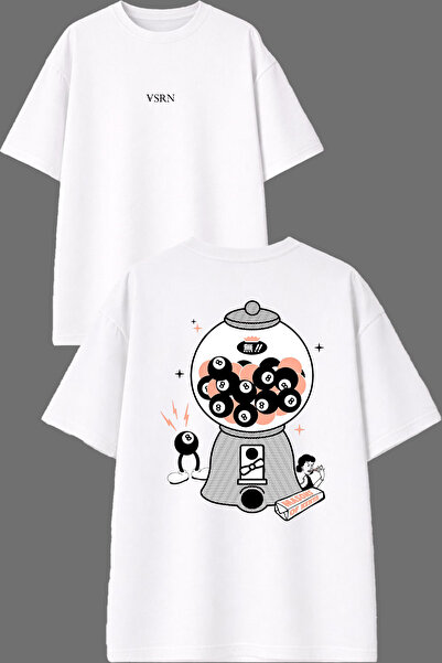 VSRN Tricou oversize alb cu imprimeu față-spate, design Luck Ball