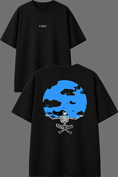 VSRN Tricou oversize negru cu imprimeu în față și în spate, cu design Blue Sk...