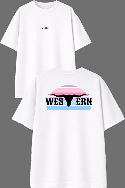 VSRN Western Design Front and Back Printed White Oversize T-Shirt