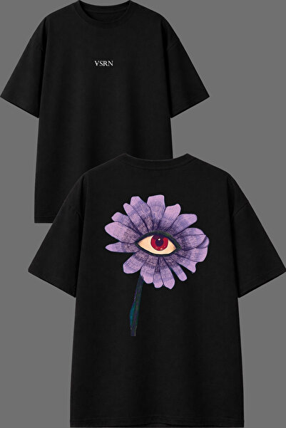 VSRN Flower with Eyes Design Front and Back Printed Black Oversize T-Shirt