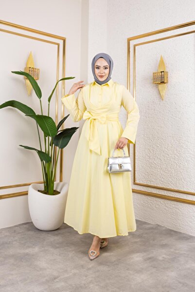 Giza Giyim Women's Standard Collar Buttoned Fixed Belted Loose Sleeve Hijab D...