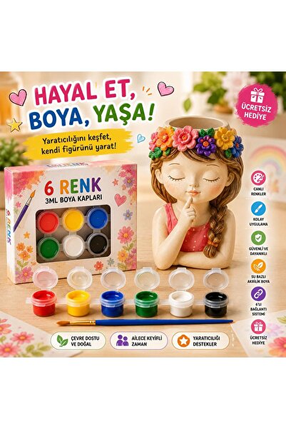 EnucuzEnhızlı 3 Farklı Kız Figürü Boyama Kiti – 6 Renk Boya Setli Eğitici Oyu...