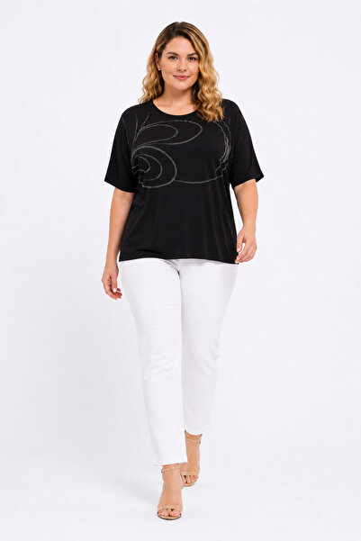 Şans Women's Plus Size Black, Stone Detailed Bat Sleeve Blouse 65N39526