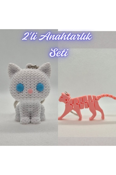 3DAtölyeMaker White Knitted Patterned Cat and Light Pink Flexible Cat Keychain