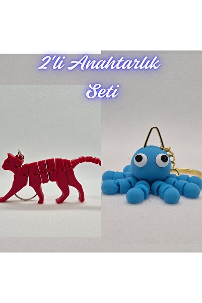 3DAtölyeMaker Fire Engine Red Flexible Cat and Light Blue Confused Octopus Ke...