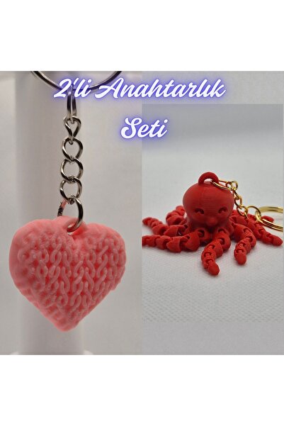 3DAtölyeMaker Light Pink Knitted Patterned Heart and Pink Octopus Keychain