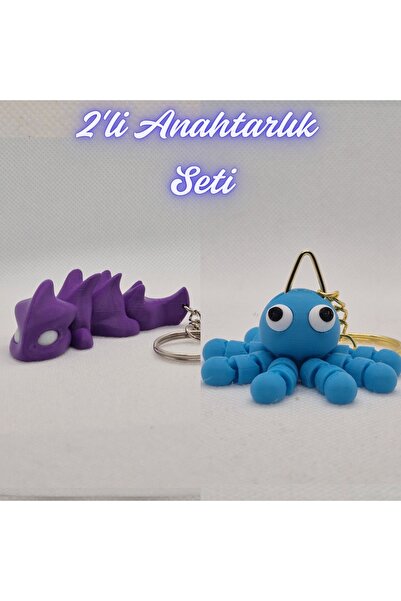 3DAtölyeMaker Purple Flexible Dragon and Light Blue Confused Octopus Keychain