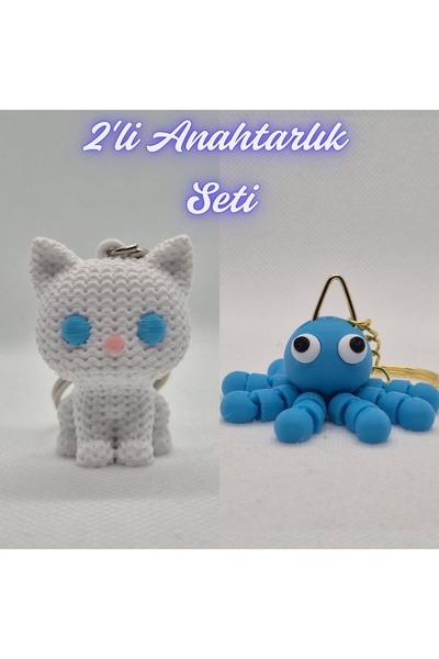 3DAtölyeMaker White Knitted Patterned Cat and Light Blue Confused Octopus Key...
