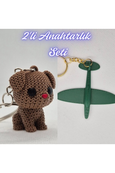 3DAtölyeMaker Dark Brown Knitted Patterned Dog and Dark Green Airplane Keychain