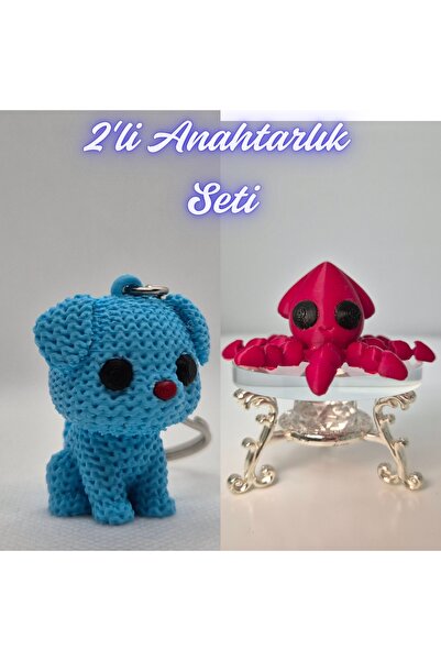 3DAtölyeMaker Light Blue Knitted Patterned Dog and Fire Engine Red Squid Keyc...