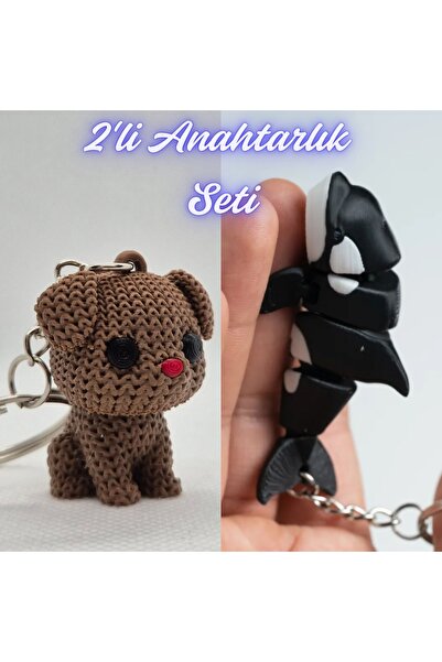 3DAtölyeMaker Dark Brown Knitted Patterned Dog and Black Flexible Whale Keychain