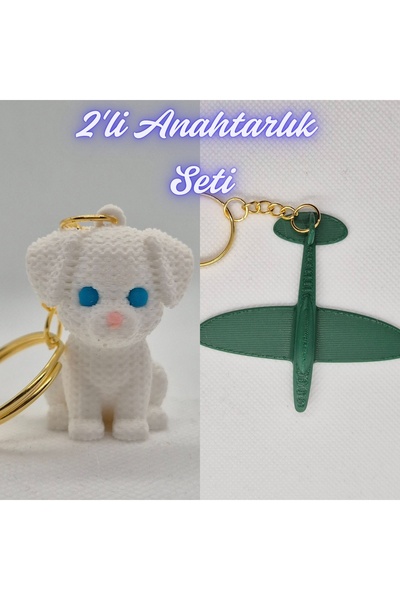 3DAtölyeMaker White Knitted Pattern Dog-2 and Dark Green Airplane Keychain