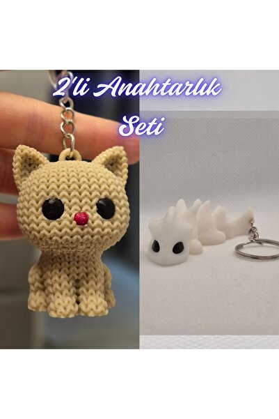 3DAtölyeMaker Cream Knitted Patterned Cat and White Flexible Dragon Keychain